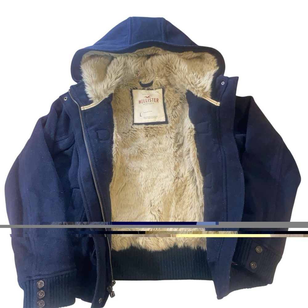 Hollister Y2K Navy Faux Fur Lined Hooded Toggle Jacket Size L - Picture 3 of 10